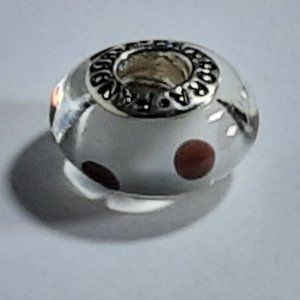 PANDORA MURANO GLASS BEAD CHARM WITH WHITE BACKGROUND ANND BROWN POLKA DOTS